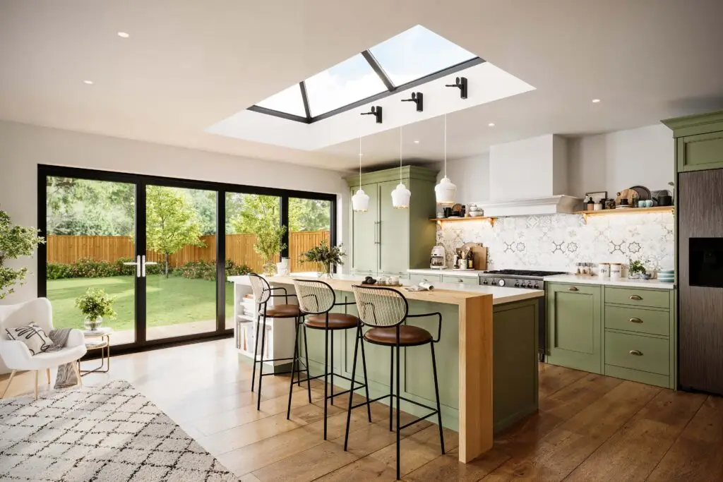A fresh modern looking kitchen with a roof light and four pane bifolding doors, looking out to an English garden in spring.