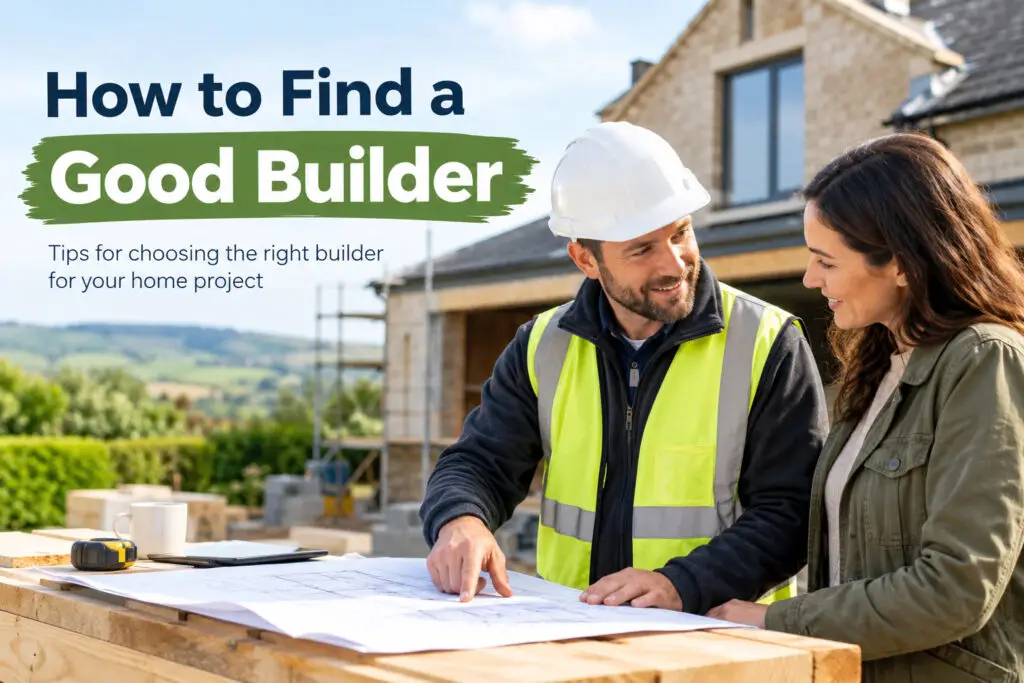 A builder discussing architect drawings with the homeowner on site. Building works in progress in the background.