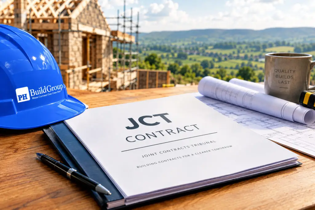 A JCT Contract laid on a table and next to a blue hard hat with the PH Build Group logo. There is a house under construction and green hills in the background.