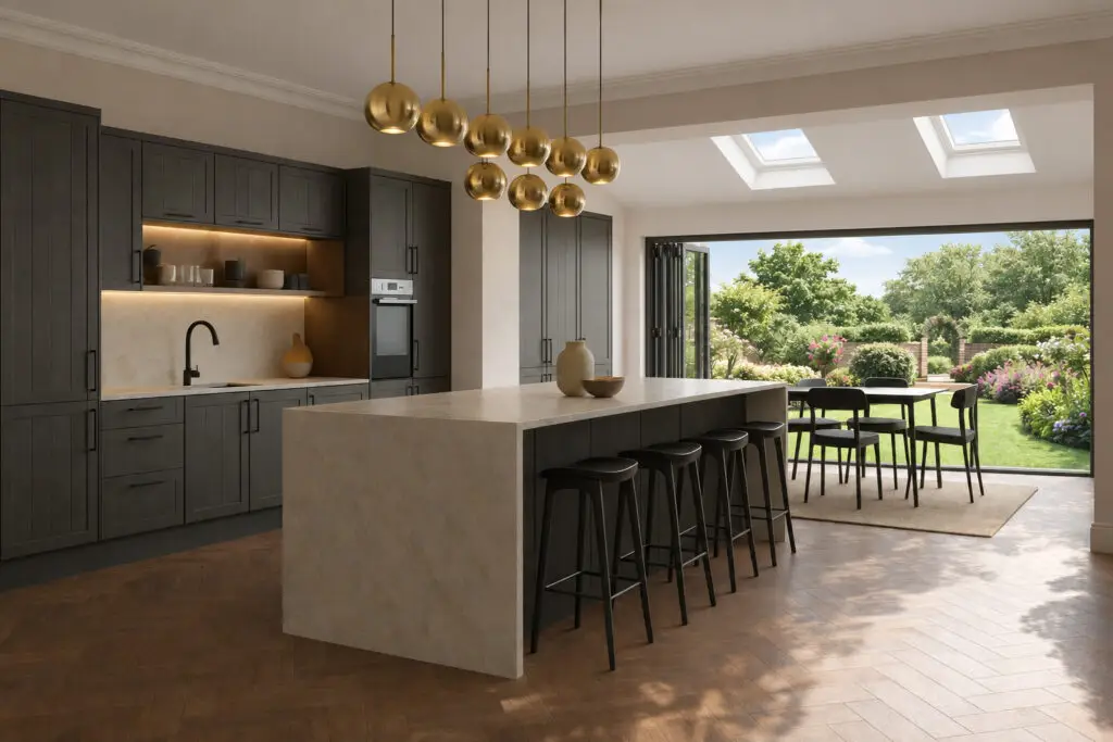 A modern contemporary kitchen with marble worktops featuring bifolding doors, fully open and leading out to an English garden in summer.