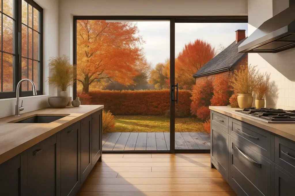 A modern and smart looking kitchen with grey cabinets with oak tops, featuring large aluminium sliding doors in anthracite grey, looking out to an English garden in autumn.